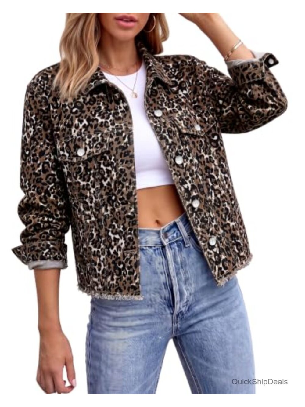 Leopard Cheetah Print Denim Jean Jacket Frayed Hem Button Down